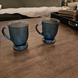 Anchor Hocking Elegant Pedestal Blue Glass Mug Set Like New MCM